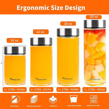 12oz Glass Juice & Water Bottles 4-Pack with Lids- Wide Mouth Reusable Borosilicate Glass- for Juicing, Smoothies, Protein Shakes, Blender & Shaker Bottle- Refillable & Dishwasher Safe(12 oz/400ml)