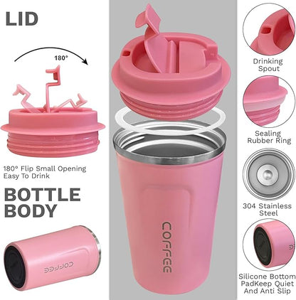 YINBAOGE Insulated Travel Coffee Mug Spill Proof Leak Proof Pobtable To Go Camping Stainless Steel Coffee Tumbler Reusable Coffee Cups with Lids Thermos for Hot and Cold Drink (2nd-Pink, 12 OZ)