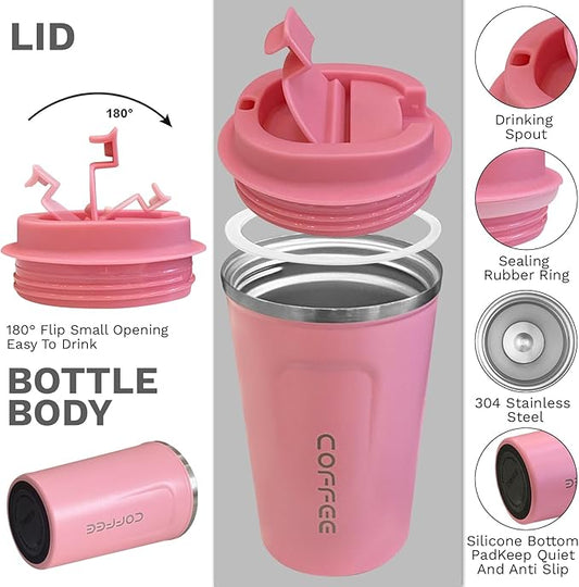 YINBAOGE Insulated Travel Coffee Mug Spill Proof Leak Proof Pobtable To Go Camping Stainless Steel Coffee Tumbler Reusable Coffee Cups with Lids Thermos for Hot and Cold Drink (2nd-Pink, 12 OZ)
