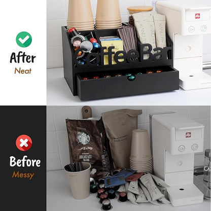 Coffee Bar Organizer for Countertop – Wooden Coffee Station with Black Drawer, Tea and K Cup Storage Rack, Coffee Pod Holder for Home and Office Counter Organization