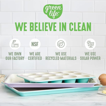 GreenLife 12-Cup Muffin Pan, Healthy Ceramic Nonstick Bakeware, PFOA & PFAS-Free Cupcake Tray, Durable Baking Pan, Versatile Kitchen Essential, Easy Clean Muffin Mold, Nonstick Baking Sheet, Sage