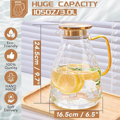 Yirilan Glass Pitcher, 3 Liter Water Carafe With Lid, Iced Tea Pitcher for Fridge