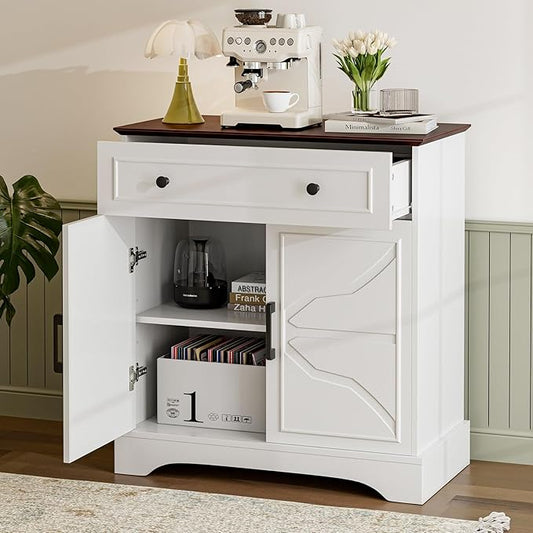 Buffet Cabinet with Storage, Coffee Bar with Drawer & Adjustable Shelf, Modern Sideboard for Kitchen, Dining Room, Living Room, White