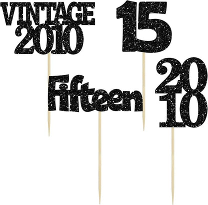 Gyufise 24Pcs 15th Birthday Cupcake Toppers Glitter Fifteen Vintage 2010 Sweet 15 Cupcake Picks Hello 15 Years Birthday Cake Decorations for Happy 15th Anniversary Party Supplies Black