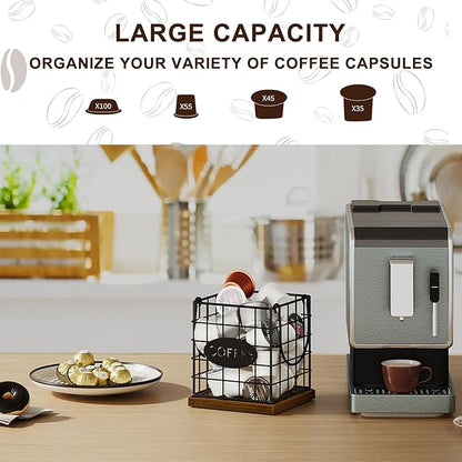 YINMIT K Cup Holder Organizer, Rustic Coffee Pod Holder Organizer, 35 Kcup Holder for Counter with Handle，Large Capacity Black Wire Coffee Capsule Basket for Kitchen Office Desktop (Square Grid)