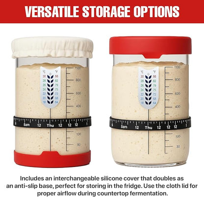 Sourdough Starter Kit, 40 Oz Sourdough Jar with Measuring Cup, Thermometer, Spatula, Dough Scraper, Bread Lame, Silicone Base & Cloth Cover, Feeding Band, Bread Baking Supplies for Bakers (40 Oz)