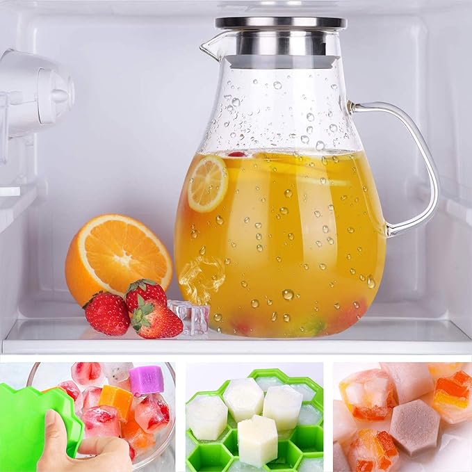 88OZ Glass pitcher with lid and Spout，High Heat Resistance Pitcher water jug for Hot/Cold Water & Iced Tea Wine Coffee Milk and Juice Beverage Carafe with Ice Tray (2.6L)
