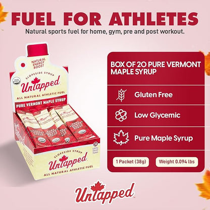 UnTapped Vermont Maple Syrup Packets for Athletes, Box of 20-0.96 Fl Oz | Organic Pure Maple Syrup for Natural Endurance Energy | Fuel to Keep You Running Longer