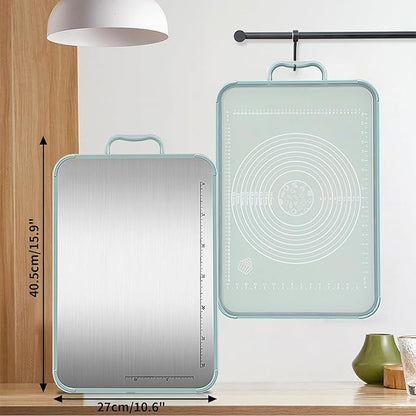 Stainless Steel Cutting Board, Double Sided Chopping Board with Scale for Pastry, 2-In-1 Cutting Board with Juice Groove and Anti Slip Surface