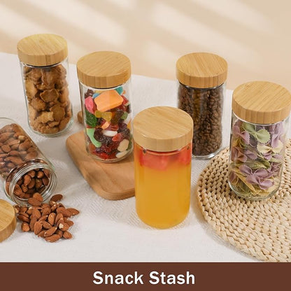 OcePor 6 Pack 24oz Glass Jars with Bamboo Lids, Over Night Oats Container with Airtight Lid, Glass Snack Storage Salad Jars For Food, Yogurt, Sugar and Flour,Coffee Bean, Cookie, Cereal