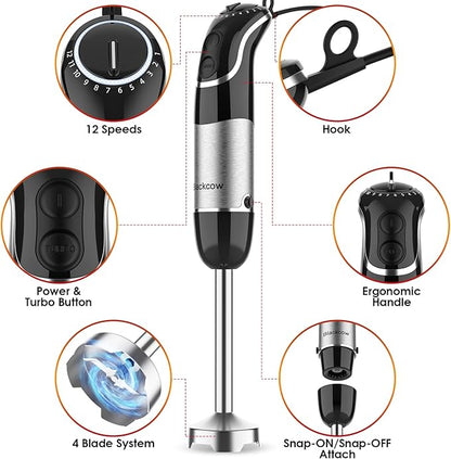 Blackcow Corded Immersion Blender Handheld for Kitchen,Stainless Steel Emulsion Blender Handheld with Hook,Electric Hand Mixer with 12-Speed&Turbo,for Smoothie,Soup,Baby Food and Drinks