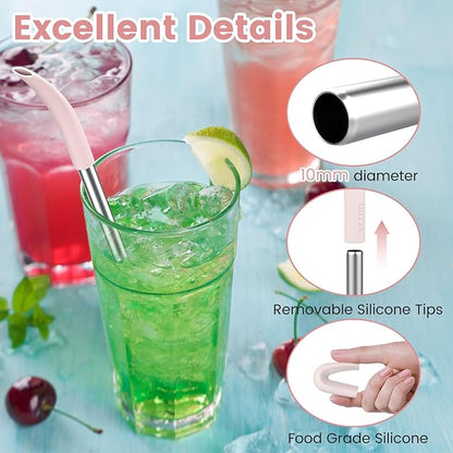 OUTXE Anti Wrinkle Straw 6 Pcs, Flat Wide Drinking Straw for Stanley Cup 40 oz 30 oz, Reusable Wrinkle Free Long Stainless Steel Metal Straw for Lip with Cleaning Brush and Carrying Bag