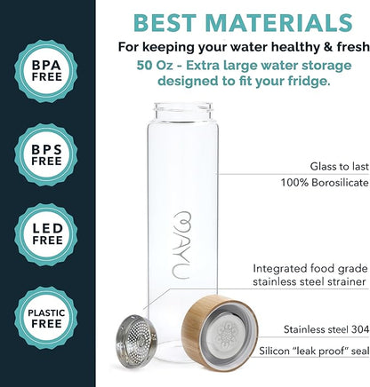 mayu Portable Container Water Bottle With Bamboo Lid - Eco Friendly & BPA Free Borosilicate Glass Infuser Bottle - Leak Free Design - For Storage, Everyday Use And Non-Toxic Hydration - 51oz 1.5L