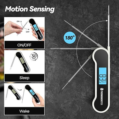 0.5 Sec Instant Read Meat Thermometer Digital with ±0.5℉ Precision, 100% Waterproof Auto Flip Bright LCD Screen, Motion Sensing Food Thermometer for Cooking Kitchen Oven Grill Candy BBQ, White