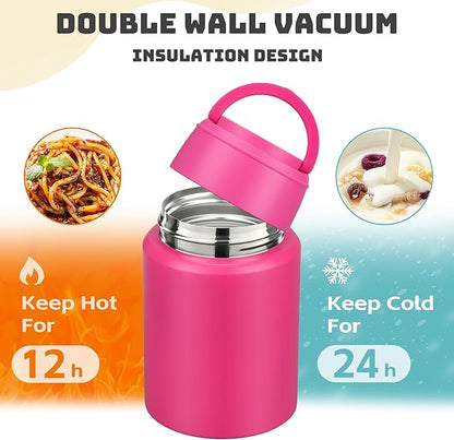 Soup Thermo for Hot Food Kids 16oz Insulated Food Jar Leakproof Thermo Lunch Container for Kids Wide-Mouth Stainless Steel Lunch Box for School with Handle Folding Spoon(3+)