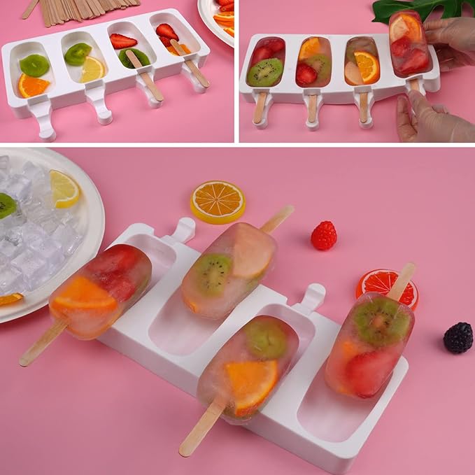 Sakolla 2 Pack Silicone Popsicle Molds, 4 Cavities Oval Mini Ice Pop Molds with 50 Wooden Sticks for Homemade Cake Pop, Cakesicles, Ice Cream (White)
