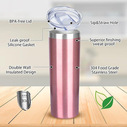 20 oz Skinny Tumblers with Lid and Straw,Stainless Steel Vacuum Insulated Tumbler Cup Double Wall Travel Coffee Mug, Thermal Water Tumbler for Hot and Cold Drinks(Rose Gold,8)