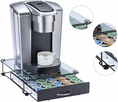 ZCDCP K Cup Holder Drawer, Coffee Pod Holder for K Cup Orgainzer with Termpered Glass Top, Keurig Coffee Pods Holder Capsule with 35 Pods, Black