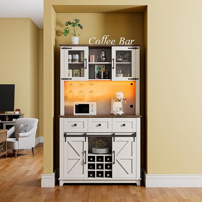 72" Coffee Bar Wine Cabinet with Sliding Barn Door & LED Lights, Sideboard Buffet Cabinet with Wine Bottle Rack, 3 Drawers, Storage Cabinet for Kitchen, Dining Room, White
