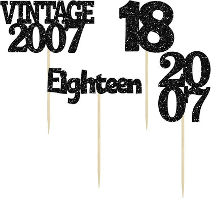 Gyufise 24Pcs 18th Birthday Cupcake Toppers Glitter Eighteen Vintage 2007 Adultish 18 Cupcake Picks Hello 18 Years Birthday Cake Decorations for Happy 18th Birthday Anniversary Party Supplies Black