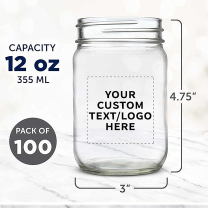 DISCOUNT PROMOS Custom Decorating Mason Jars 12 oz. Set of 100, Personalized Bulk Pack - Glass Jars for Overnight Oats, Candies, Fruits, Pickles, Spices, Beverages - Clear