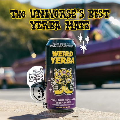 Drink Weird Organic Acai Pomegranate Yerba Mate – 16oz Cans, 160mg Organic Caffeine, Pack of 12 – Antioxidant-Rich Energy Drink Alternative