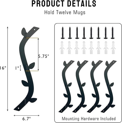 Ecqizer Coffee Mug Wall Rack - Metal Cup Holder Tree for Bar Decor - 4pcs Black Mounted Rack