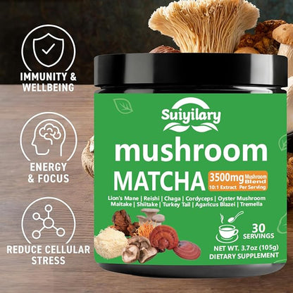 10 Mushroom Matcha Powder with Lion's Mane, Reishi, Mushroom Polysaccharides & More, 3500mg(10:1) Extract, Japanese Ceremonial Matcha for Focus, Energy, Immunity Boost, Memory - 30 Serving