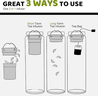 Tea Tumbler with Infuser, 34oz Tea Bottle with 2 in1 Infuser, Large Double Wall Borosilicate Glass Tea Bottle 100% Leak-Proof with Stainless Steel Filter