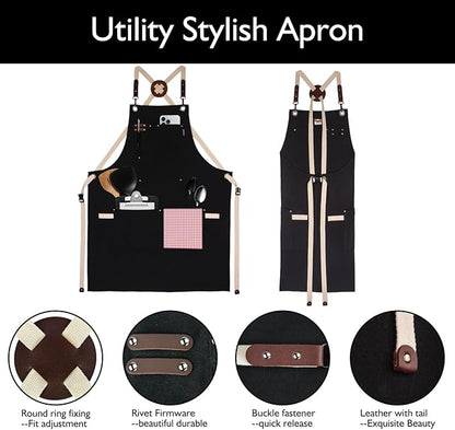 5 Pack Kitchen Apron, Work Apron, Canvas, Multiple Pockets, Gardening, Painting, BBQ, Artist, Carpenter, Sizes M to XXL, Black