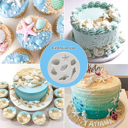 MEMOVAN Under the Sea Silicone Mold 3pcs Marine Fondant Cake Mold Seashell Conch Starfish Silicone Baking Mold for Under the Sea Ocean Chocolate Candy Cake Decoration Polymer Clay Gum Paste Craft
