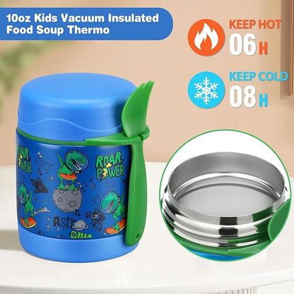 Bento Lunch Box Set With 10oz Soup Thermo, Leak-proof Lunch Containers with 4 Compartment, Kids Hot Thermo Food Jar/Insulation Lunch Bag, Food Containers for School（Dinosaur）