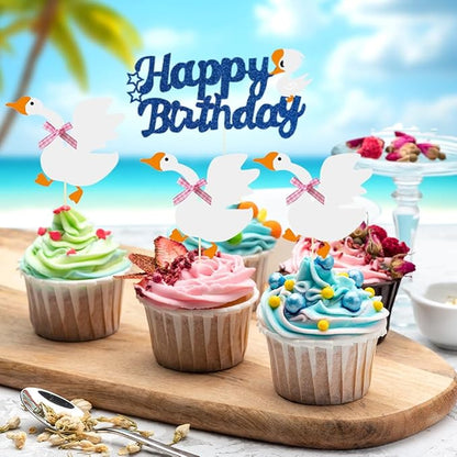 12PCS Silly Goose Cupcake Toppers, Funny Goose Birthday Cake Decorations White Goose Baby Shower Theme Decorations Party Supplies for Baby Boy Girls Birthday Party Decorations