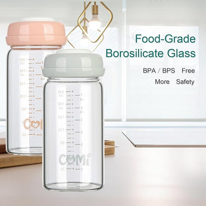 COMI Wide Neck Glass Breastmilk Collection n Storage Bottle, 8oz with Screw Ring Sealing Disk; Re-markable Sealing Disc. BPA Free, Fits Breast Pumps & Nipples (6 Gray Lids)