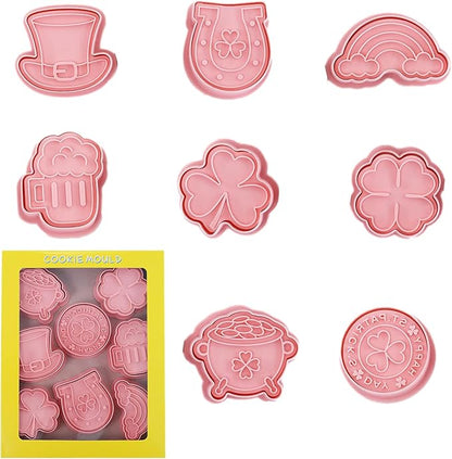 St. Patrick's Day Cookie Cutters, 8Pcs 3D Plastic Cookie Molds Cartoon Shamrock Four Leaf Clover Horseshoe Biscuit Cutters for Irish Holiday Party Baking Cutting Tool (D8)