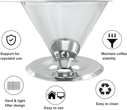 Waziaqoc Pour Over Coffee Dripper, Slow Drip Paperless Coffee Filter, Stainless Steel Pour Over Coffee Maker for 1-4 Cups Brew, Double Mesh Design of Manual Reusable Cone Filter