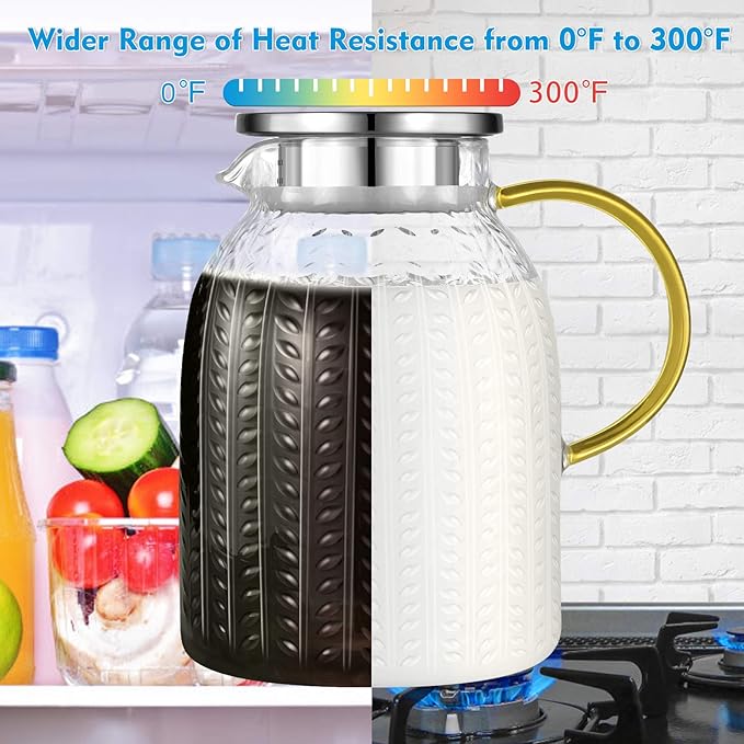 Aofmee 60oz Glass Pitcher, Water Pitcher with Lid, Iced Juice Jugs for Fridge, Glass Carafe for Cold or Hot Beverages, Sun Tea Jar, Easy Clean Heat Resistant Glass Jug for Milk