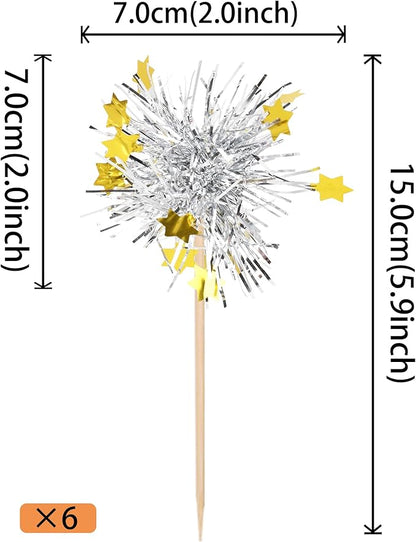 30 PCS Foil Firework Cupcake Toppers Happy Birthday Star Cupcake Picks Sparkle Tinsel Drink Stirrers Cocktail Fruit Toothpicks for Valentine's Day Wedding Birthday Party Decorations Supplies Silver