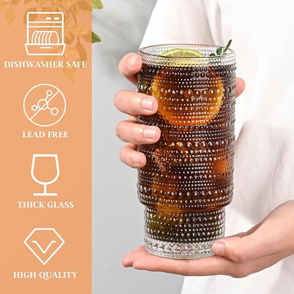 16OZ Glass Tumbler with Straw and Lid,Glass Cups with Lids and Straws,Ribbed Iced Coffee Cups Vintage Embossed Glassware for Juice Whiskey Cocktail Beer(4Pack)