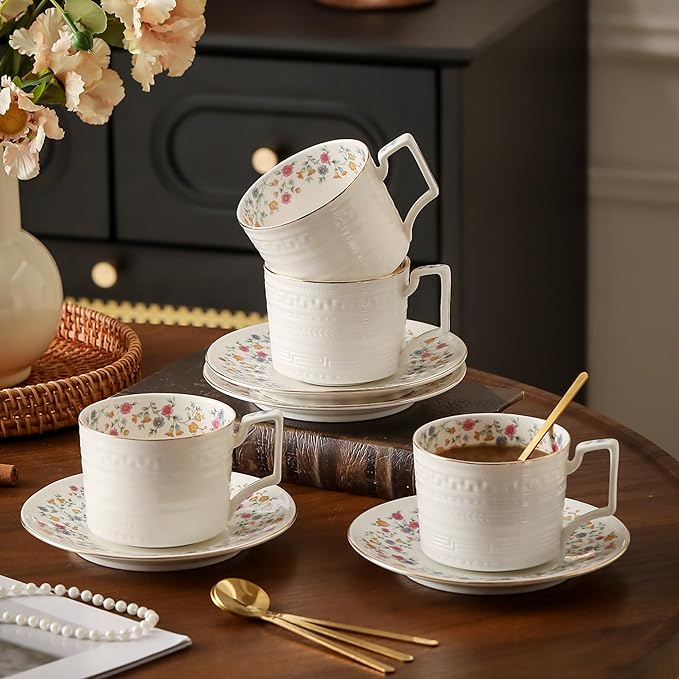 Tea Cups and Saucer Sets,8.8 oz Cappuccino Cups with Saucers and Spoons,3 Pieces, Vintage Style,Embossed Bone China Coffee Cup & Saucer Set For Women Wedding/Birthday/Christmas Gift