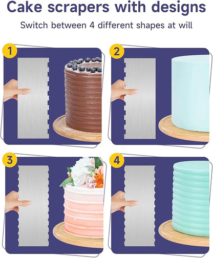 12 Inch Stainless Steel Cake Scraper Set of 2, Metal Cake Scraper Double Sided Patterned Edge for Icing Smoother,Tall Cake Scraper, Cake Combs for Buttercream