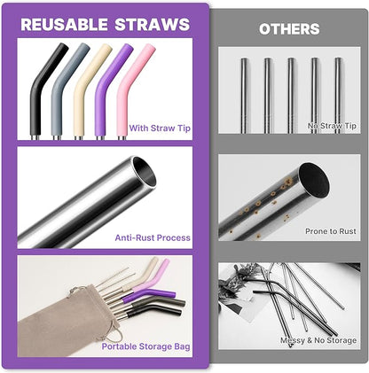Stainless Steel Straw for 30 oz YETI and Simple Modern 24 oz Tumbler, Metal Straws Reusable With Silicone Tip for 32oz Glass, Cleaning Brush, 1 Portable Bag