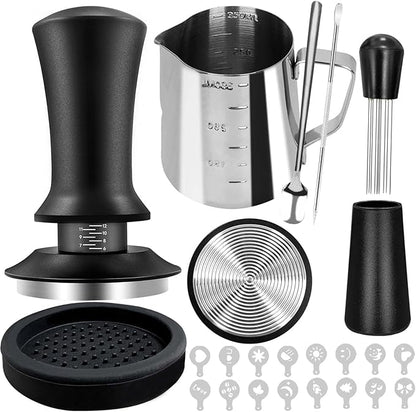 22 PCS Coffee Tamper Set, Espresso Accessories Barista Kit, with 51mm Espresso Tamper, WDT Tool, Frothing Pitcher(350 ml), Latte Art Pen, Coffee Stirrer, Tamper Mat, 16 Coffee Stencils
