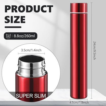 Vesici Slim Water Bottle 8.8 oz Small Stainless Steel Purse Compact Insulated Water Bottles Camping Travel Backpack Pocket Flask for Car Cold Coffee Tea(Black, Red,2 Pack)