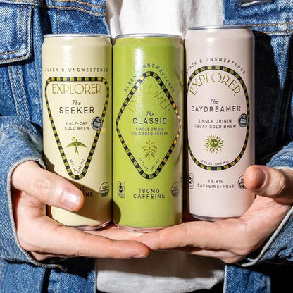 Explorer Daydreamer Ready-to-Drink Organic Cold Brew Decaf Coffee, 99.9% Caffeine-Free, Black, Unsweetened, and Fair Trade, 12 fl oz (Pack of 12)