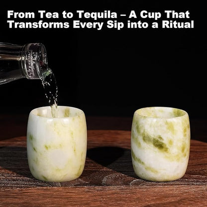 Handcrafted Natural Jade Shot Glasses – Set of 2 | 1.8 oz Whiskey, Espresso & Tequila Cups in Unique Drum Shape, Oriental Inspired Luxury Gift for Men & Whiskey Lovers