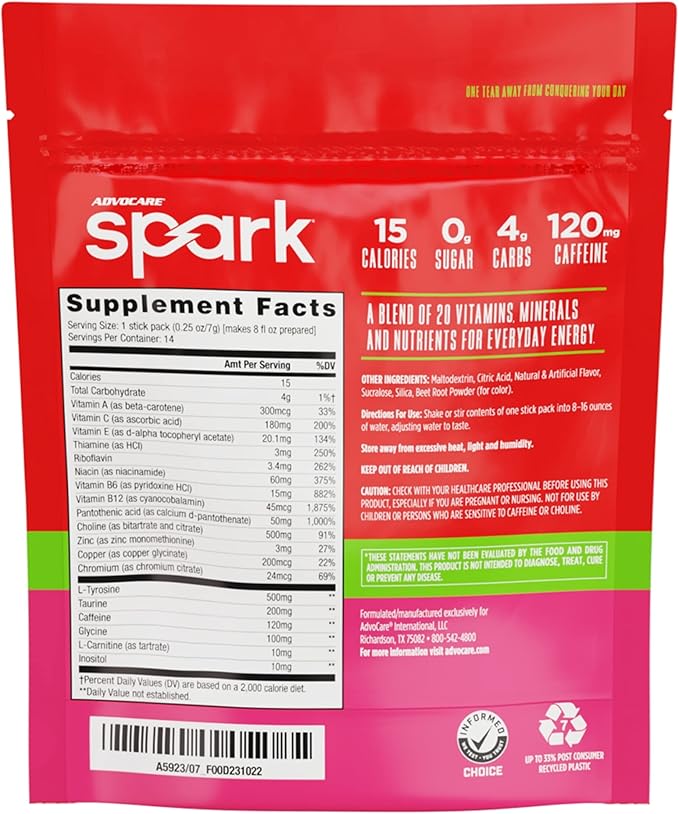 AdvoCare Spark - Energy Drink Mix - Vitamin & Amino Acid Supplement - Supports Energy & Focus* - Portable Immune Support* - Sugar-Free - Strawberry, 14 Stick Packs (3.5 oz)