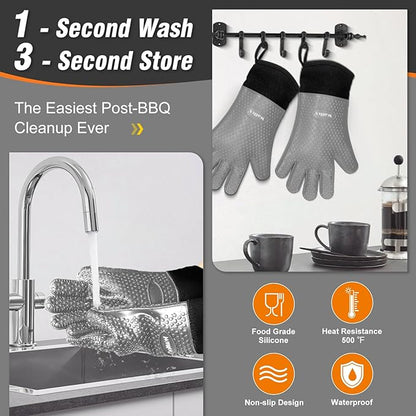 Walfos Silicone BBQ Gloves - Heat Resistant Grilling Gloves, Premium Non-Slip Kitchen Silicone Oven Mitt with Protective Cotton Layer Inside, Waterproof, Great for Grilling, Kitchen and Cooking, Gray