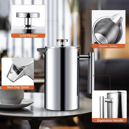 French Press Coffee Maker 3-Level Filtration Double-Walled 6MM Vacuum Insulated Keep Hot 2 Hours for Travel 32oz Polished Stainless Steel
