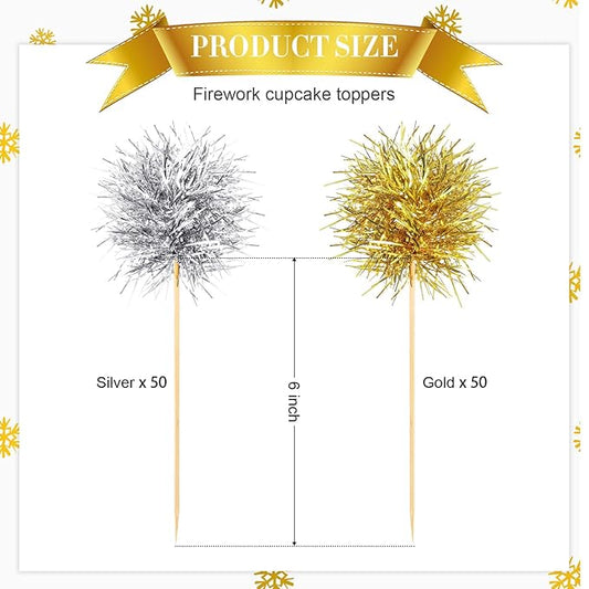 Chinco 100 Pcs Foil Firework Cupcake Toppers Sparkle Tinsel Cake Toppers Cake Decoration Cocktail Fruit Toothpick for Birthday Wedding Graduation Party(Gold, Silver)
